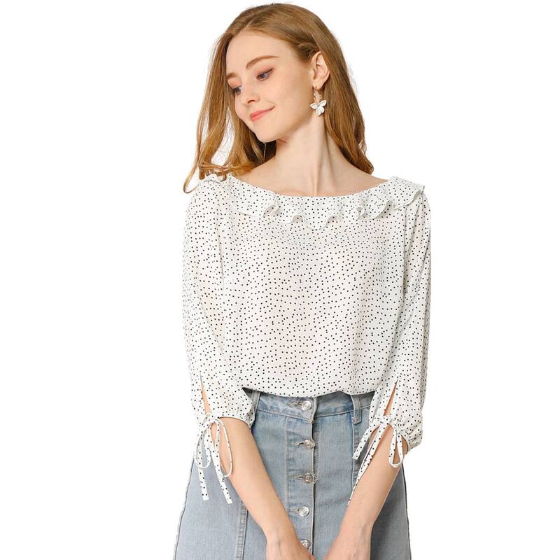 アレグラ ケー レディース トップス プルオーバー ヴィンテージ 点点 フラウンス トップ ALLEGRA K Women\u0027s Vintage 3/4 Sleeve Tops Boat Neck Ruffled Polka Dots Blouse White 白いこと