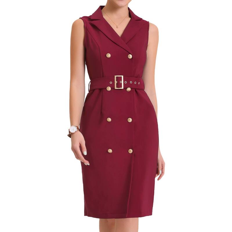アレグラ ケー レディース トップス ワンピース ノースリーブレザー ALLEGRA K Women'sleeveless Notched Lapel Double Breasted Belted Work Office Dress Blazer Dresses Wine Red レッド
