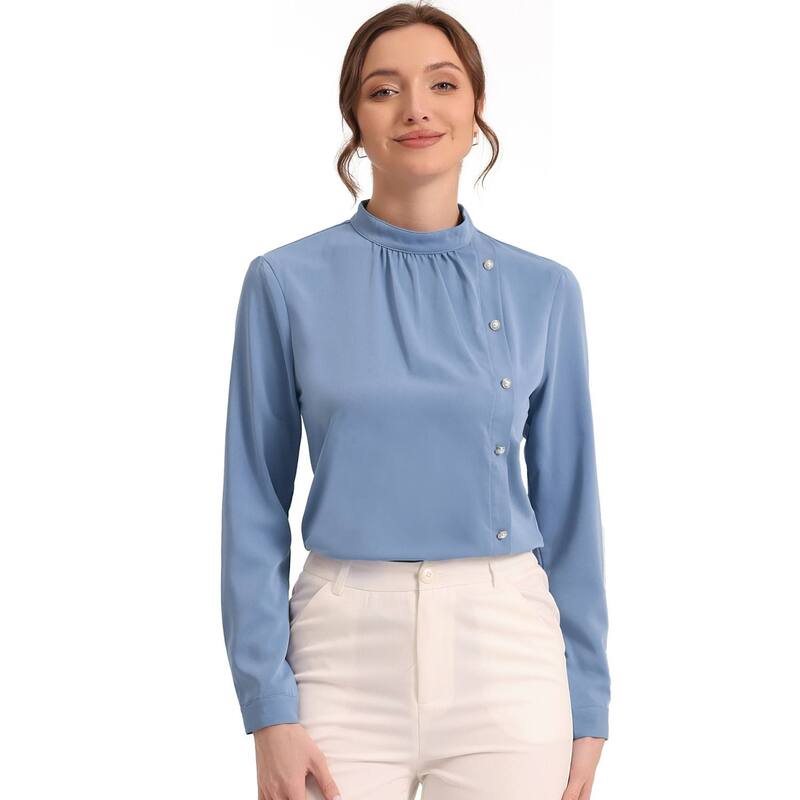 アレグラ ケー レディース トップス シャツ ブラウス ALLEGRA K Office Shirts For Women's Elegant Stand Collar Long Sleeve Blouse Blue Gray グレー