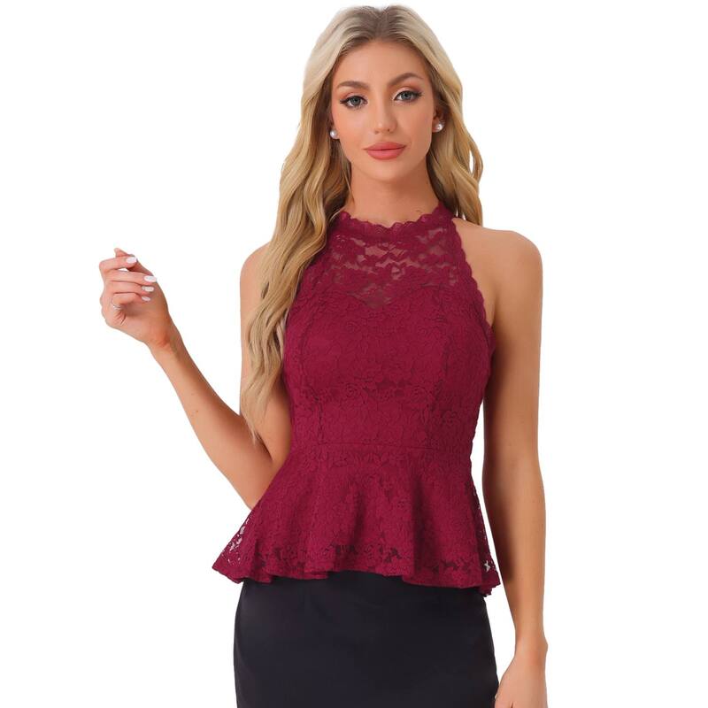 アレグラ ケー レディース トップス Tシャツ ノースリーブ レース ALLEGRA K Lace Peplum Top For Women's Elegant Sweetheart Neck Sleeveless Top Burgundy バーガンディ