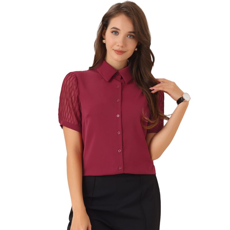 アレグラ ケー レディース トップス シャツ ボタンダウン シアー ダウン ALLEGRA K Women's Button Down Shirt Sheer Short Sleeve Point Collar Work Tops Wine Red レッド