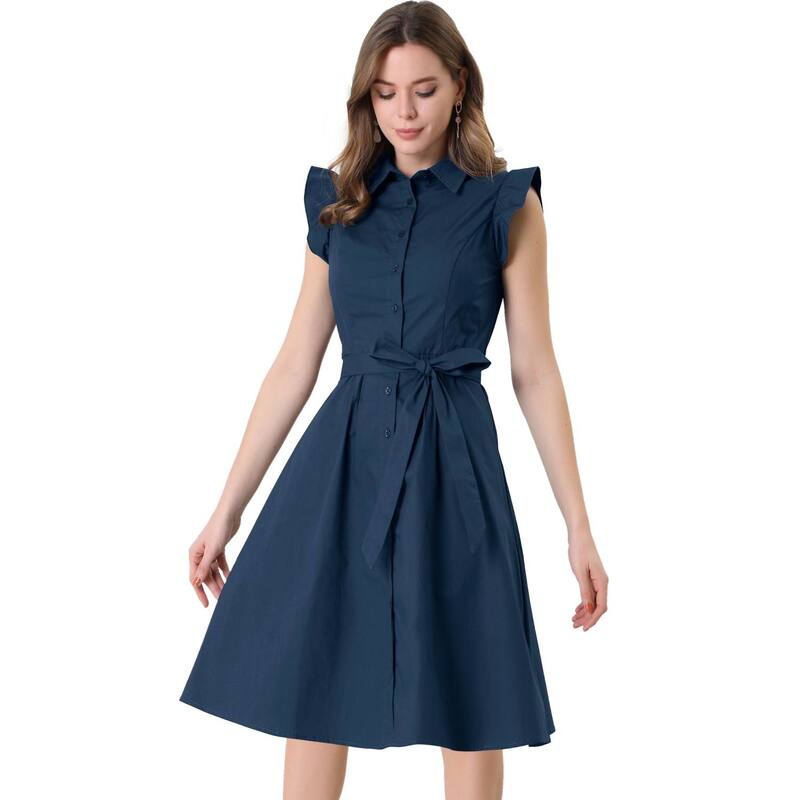 アレグラ ケー レディース トップス ワンピース ボタンダウン ひざ丈 フリル シャツ ダウン ALLEGRA K Women's Work Ruffled Sleeve Button Down Belted Knee Length Shirt Dress Navy Blue ネイビー
