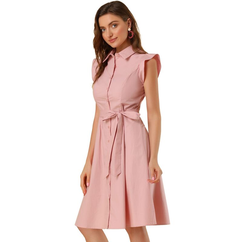 アレグラ ケー レディース トップス ワンピース ボタンダウン ひざ丈 フリル シャツ ダウン ALLEGRA K Women's Work Ruffled Sleeve Button Down Belted Knee Length Shirt Dress Pink ピンク