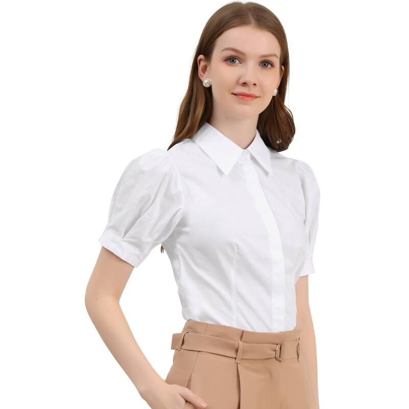 アレグラ ケー レディース トップス シャツ ボタンダウン ALLEGRA K Women's Puffy Sleeve Point Collar Button Down Essential Office Shirt Whites