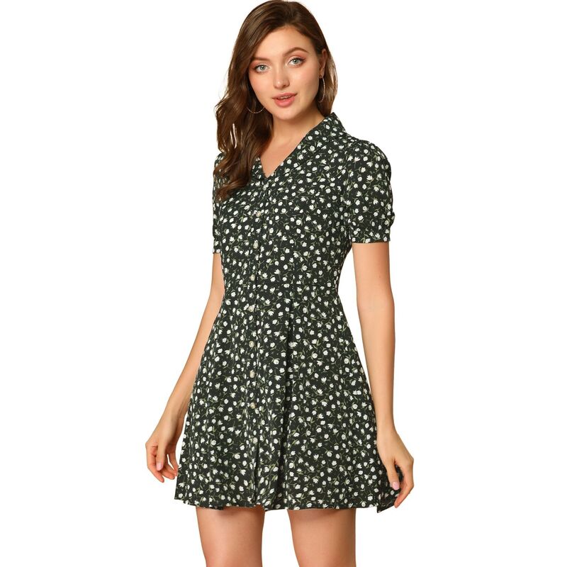 アレグラ ケー レディース トップス ワンピース フラワー柄 プリント シャツ フラワー ALLEGRA K Women Floral Print Short Sleeve Above Knee Shirt Dress Black ブラック