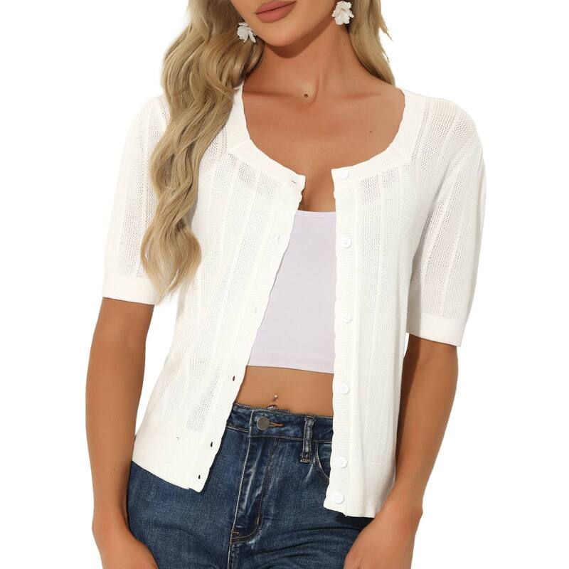 アレグラ ケー レディース アウター ニット・セーター カーディガン ALLEGRA K Short Sleeve Cardigan For Women's Casual Crochet Knit Button Up Bolero Sweater Tops White ホワイト