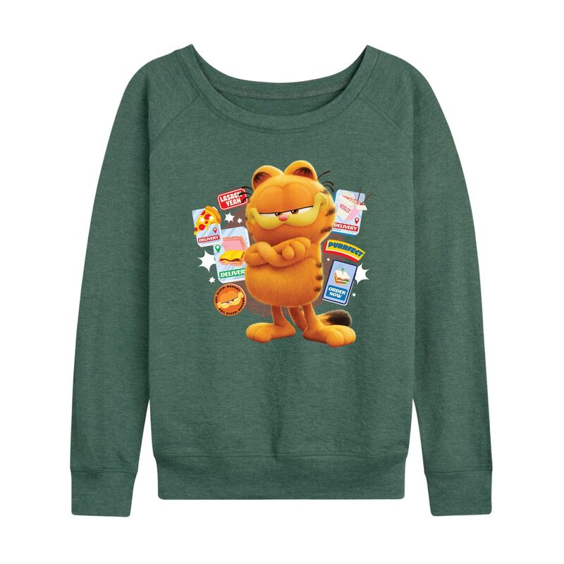 アニメキャラクター レディース トップス Tシャツ パイル Licensed Character Women's The Garfield Movie Snack Icons French Terry Long Sleeve Tee Heather Green ヘザー