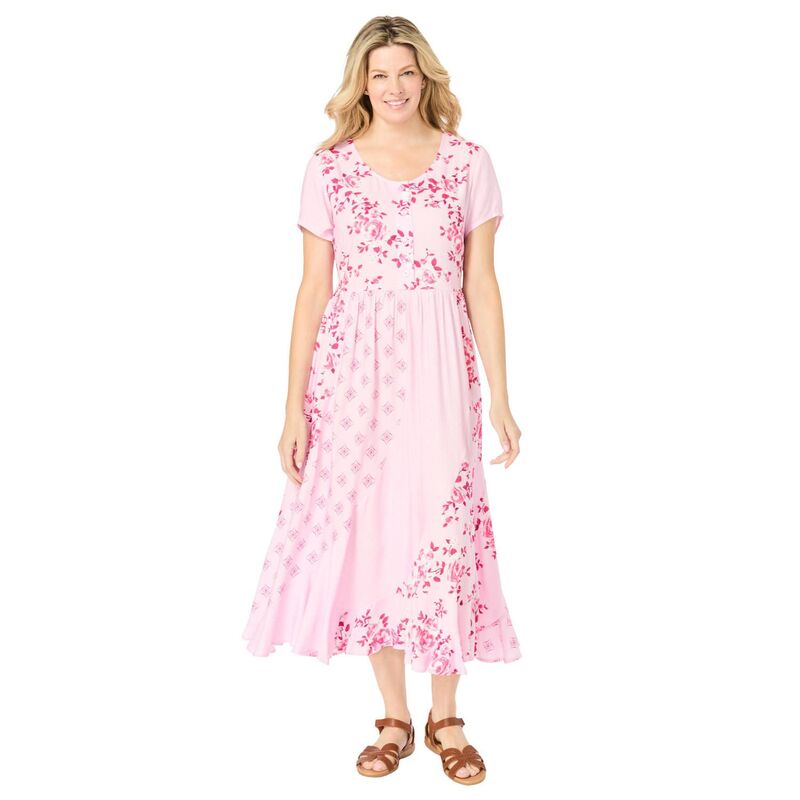 ウーマン ウィズイン レディース トップス ワンピース プラスサイズ プチ プリント マキシ Woman Within Plusize Petite Mixed Print Maxi Dress Pink Pretty Rose ピンク|ReVida 店