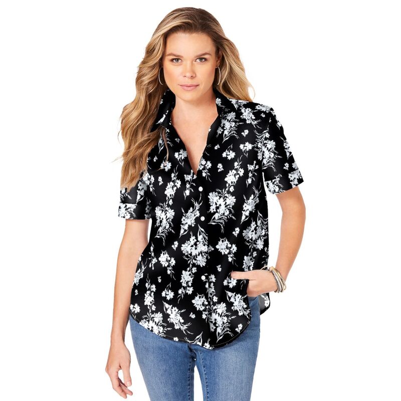 ロアマンズ レディース トップス シャツ プラスサイズ コットン Roaman's Women's Plusize Kate Short Sleeveasy Cotton-Blend Button-Front Shirt Black Flat Floral ブラック|ReVida 店