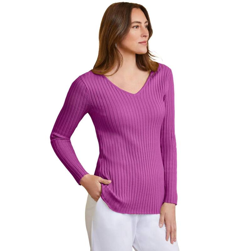 ジェシカロンドン レディース アウター ニット・セーター Vネック プラスサイズ リブ Jessica London Women's Plusize V-Neck Ribbed Sweater Deep Orchid|ReVida 店