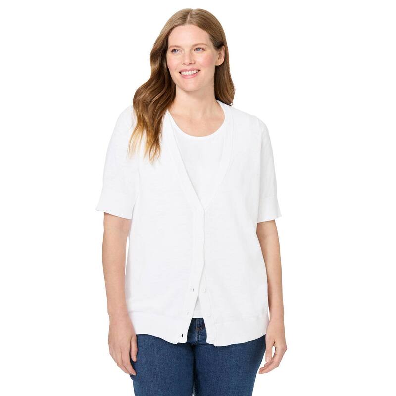 ウーマン ウィズイン レディース アウター ニット・セーター Vネック プラスサイズ カーディガン Woman Within Plusize Lightweight Short Sleeve V-Neck Cardigan Sweater White ホワイト