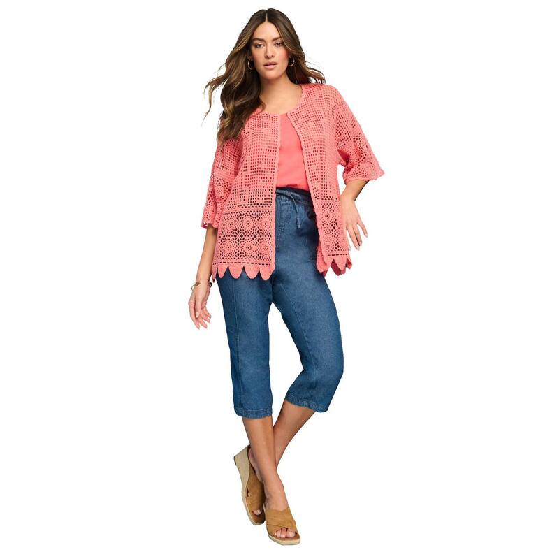 ロアマンズ レディース アウター ニット・セーター プラスサイズ カーディガン Roaman's Women's Plusize Scallop Trim Crochet Cardigan Sunset Coral コーラル