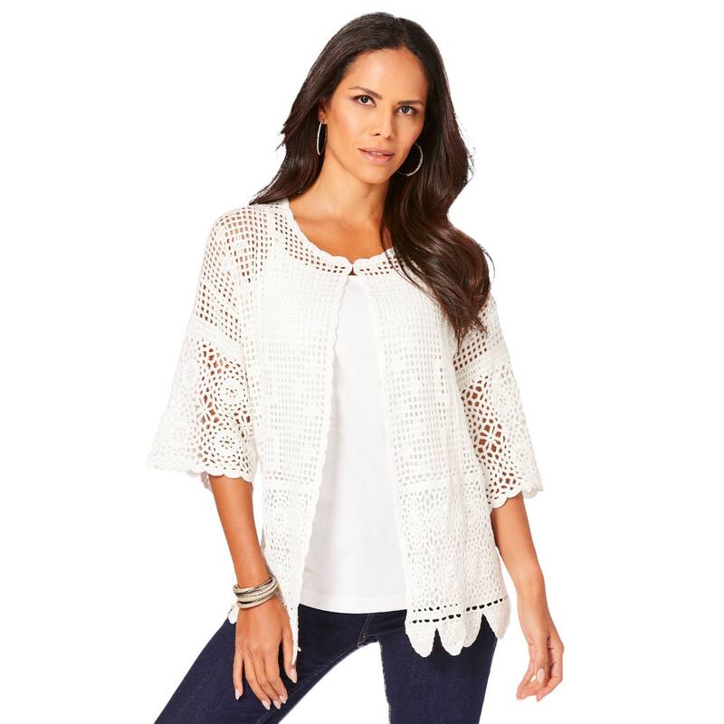 ロアマンズ レディース アウター ニット・セーター プラスサイズ カーディガン Roaman's Women's Plusize Scallop Trim Crochet Cardigan White ホワイト