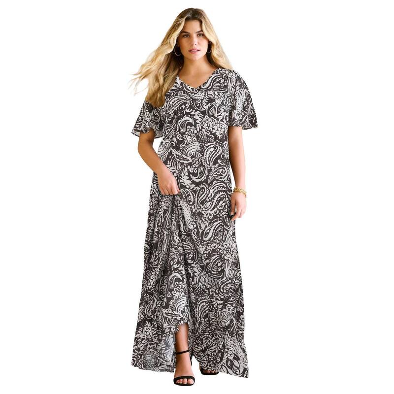 ロアマンズ レディース トップス ワンピース プラスサイズ マキシ Roaman's Women's Plusize Hand Crinkled Flutter-Sleeve Maxi Dress Black Paisley Graphic ブラック｜ReVida 店