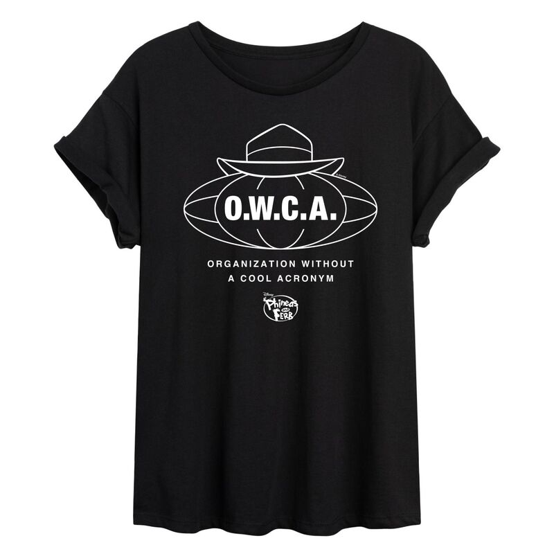 ディズニー レディース トップス Tシャツ Juniors' Disney's Phineas and Ferb O.W.C.A Oversized Tee Black ブラック
