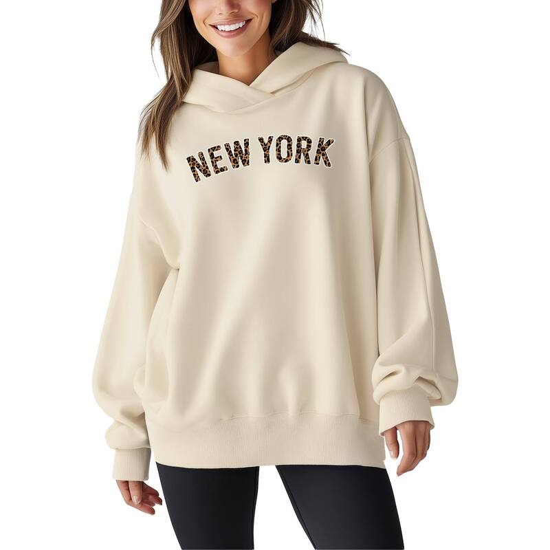アニメ人となり レディース アウター パーカー・スウェット 刷り上げる プルオーバー フリース LICENSED CHARACTER Women\u0027s New York Leopard Print Oversized Fleece Hoodie Sweatshirt Cream 皮膚軟化剤 パーカー-トップス-レディースファッション