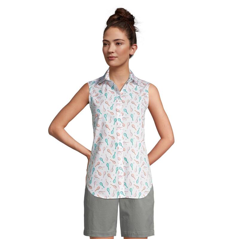 ランズエンド レディース トップス シャツ ノースリーブ コットン Women Lands End No-Iron Supima Cotton Sleevelesshirt Whitennis Print ホワイト