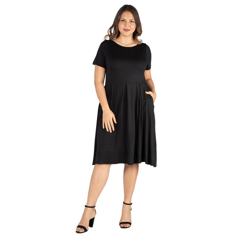 24 セブンコンフォート レディース トップス ワンピース プラスサイズ ミディ Plusize 24seven Comfort Apparel Short Sleeve Midi Skater Dress With Pockets Black ブラック|ReVida 店