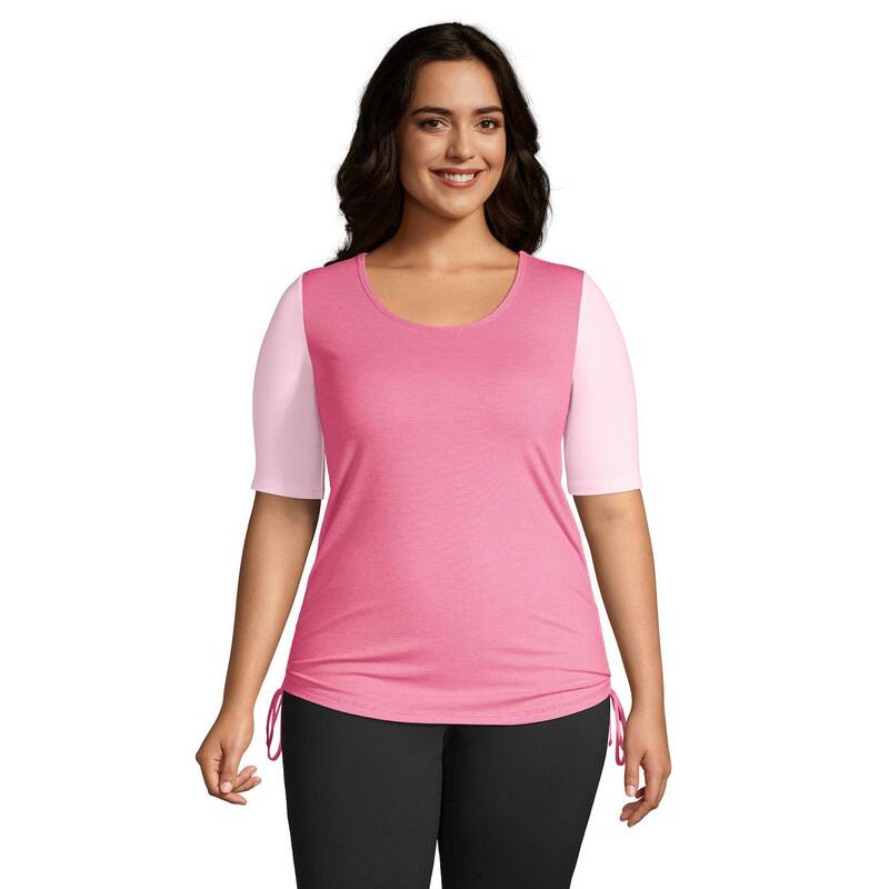 ランズ挙げ句の果て レディース トップス プルオーバー 足し加える大きさ Plusize Lands\u0027 End Power Performance Solidrawstring Top Hot Pink Stripe Mix サクラ色
