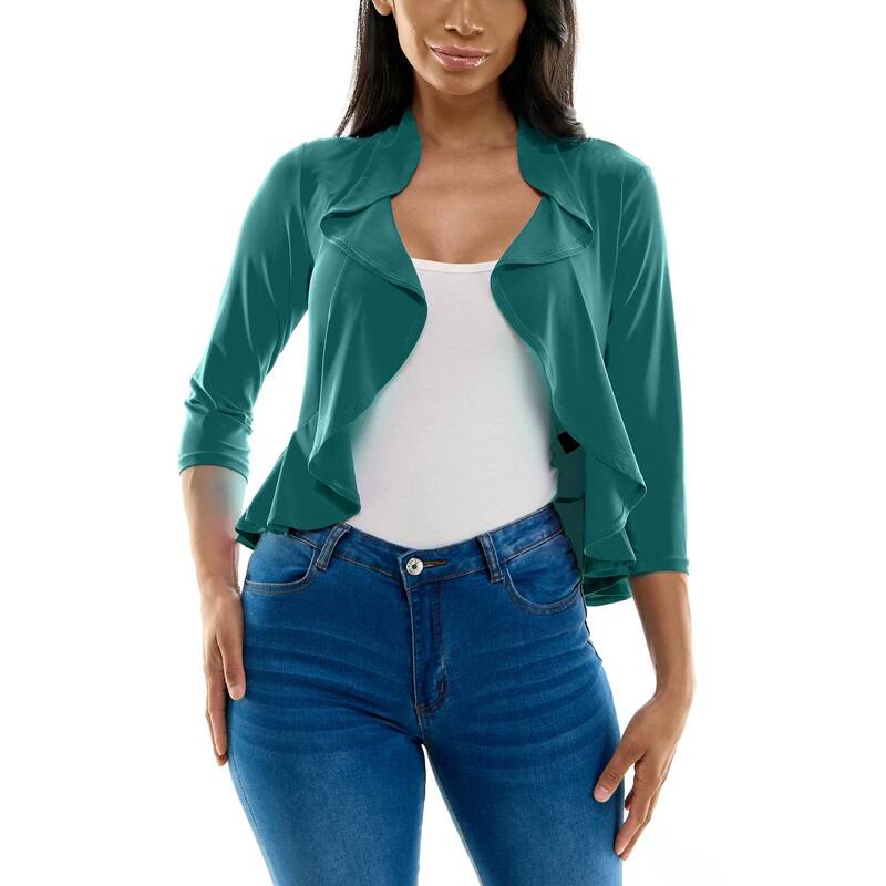 ニナレオナルド レディース アウター ニット・セーター フリル カーディガン クロップド Women's Nina Leonard Ruffle Front Cropped Cardigan Radianteal ティール
