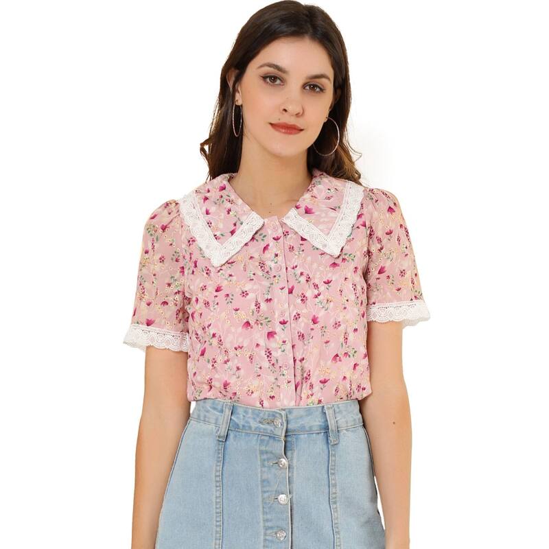 アレグラ ケー レディース トップス シャツ ヴィンテージ フラワー柄 刺繍 ブラウス レース フラワー ALLEGRA K Women's Peter Pan Collar Shirt Lacembroidered 1940s Vintage Peasant Floral Blouse Pink ピンク