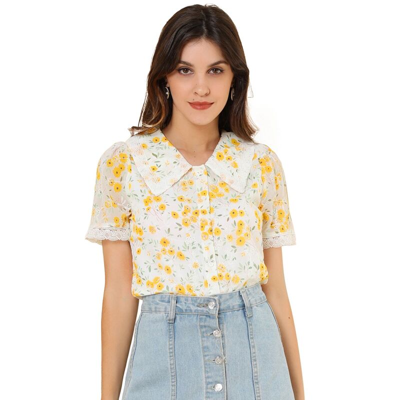 アレグラ ケー レディース トップス シャツ ヴィンテージ フラワー柄 刺繍 ブラウス レース フラワー ALLEGRA K Women's Peter Pan Collar Shirt Lacembroidered 1940s Vintage Peasant Floral Blouse White ホワイト
