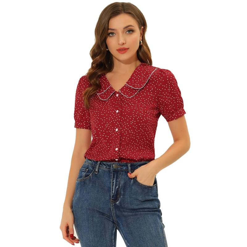 アレグラ ケー レディース トップス シャツ ドット ALLEGRA K Women's Polka Dots Peter Pan Collar Short Sleeve Summer Shirtop Red レッド