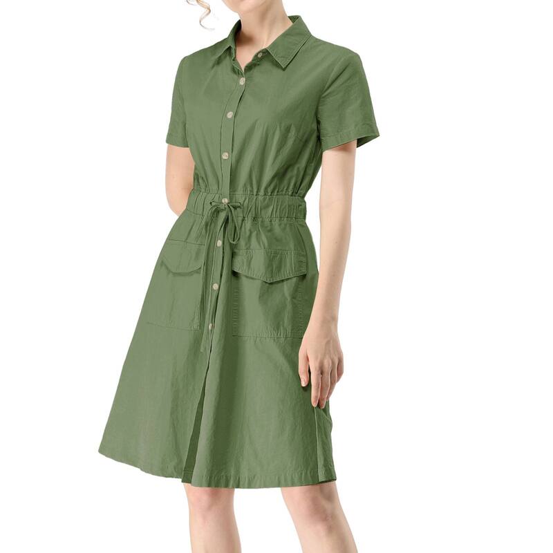 アレグラ ケー レディース トップス ワンピース ミニ ALLEGRA K Women's Fit and Flare Collar Pocket Elastic Waist Mini Dress Army Green グリーン