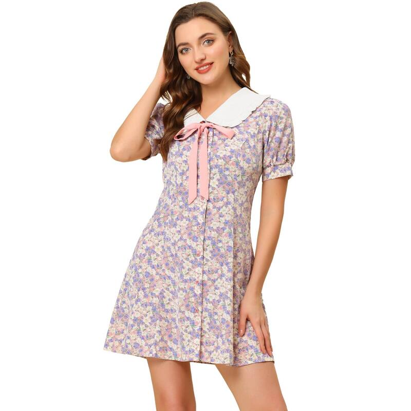 アレグラ ケー レディース トップス ワンピース ミニ シャツ コントラスト ALLEGRA K Women's Fit And Flare Contrast Collar Short Sleeve Mini Shirt Dress Pink ピンク