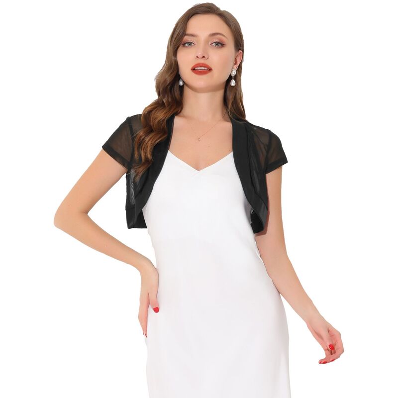 アレグラ ケー レディース トップス Tシャツ メッシュ サテン カーディガン キャップ ALLEGRA K Women'satin Shrug Bolero Cap Sleeve Business Mesh Crop Cardigan Black ブラック
