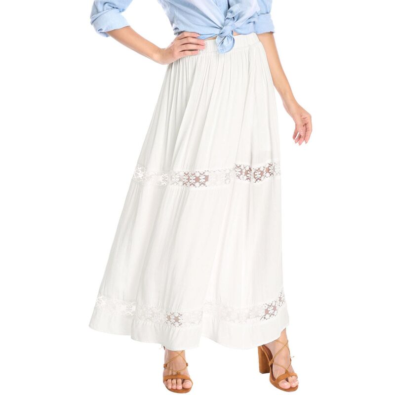 アレグラ ケー レディース ボトムスカート A ライン レース マキシ ALLEGRA K Women\'s Long Skirts Elastic Waist Lace Insert A-Line Maxi Skirt Cream White ホワイト