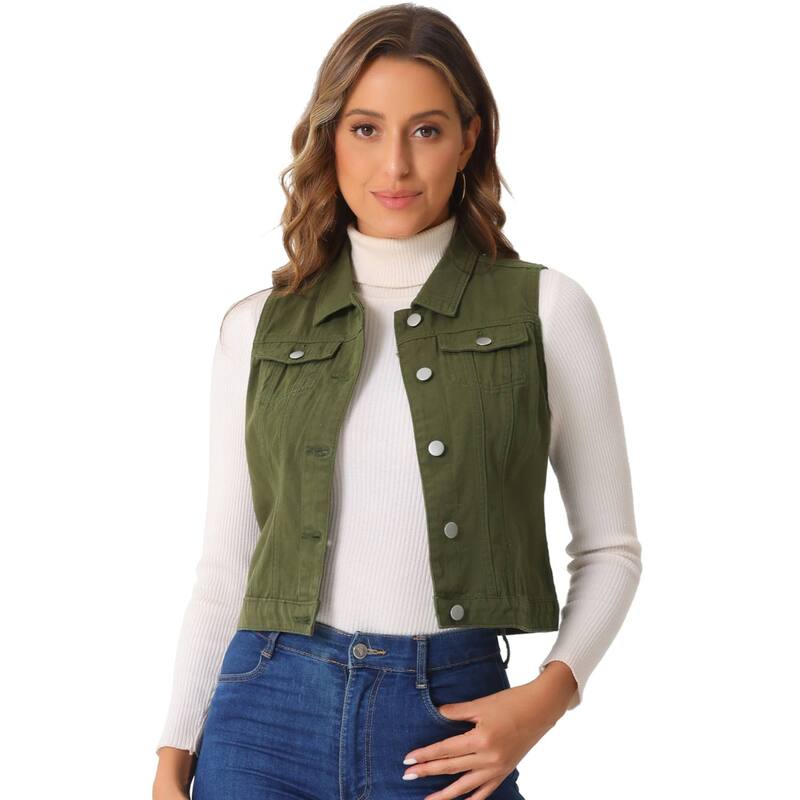 アレグラ ケー レディース アウター 上衣・上衣 限りない ジーンズ ALLEGRA K Women\u0027s Washed Chest Flapocketsingle Breastedenim Vest Jacket Deep Green 緑であること