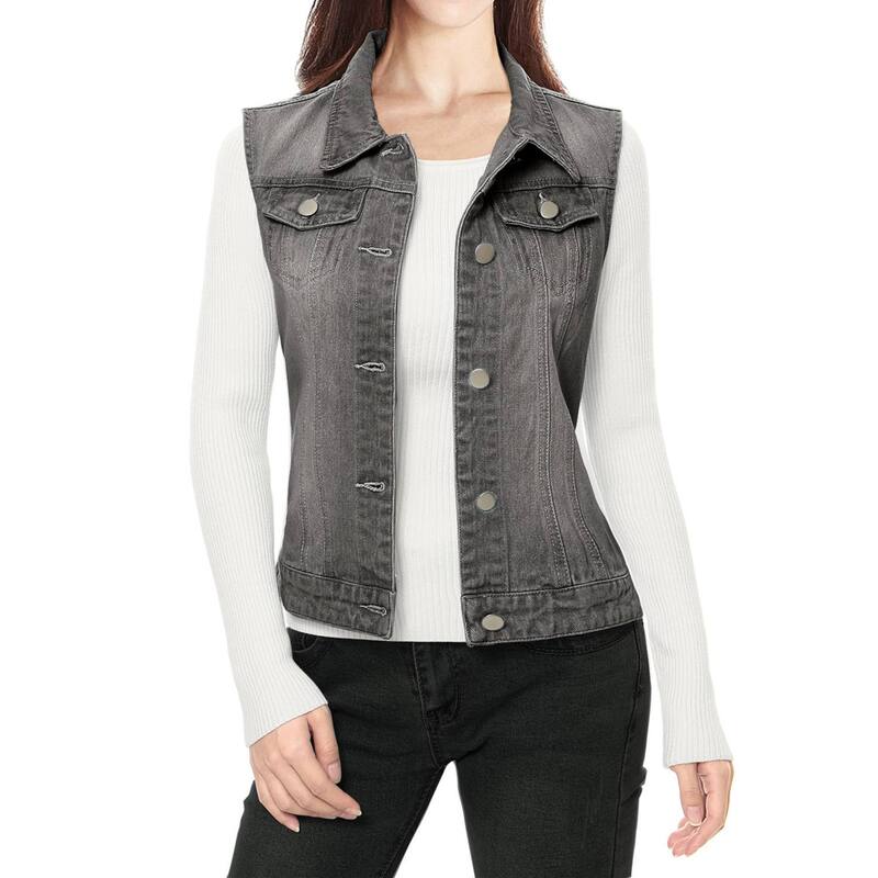 アレグラ ケー レディース アウター 上衣・上衣 限りない ジーンズ ALLEGRA K Women\u0027s Washed Chest Flapocketsingle Breastedenim Vest Jacket Gray 薄墨色