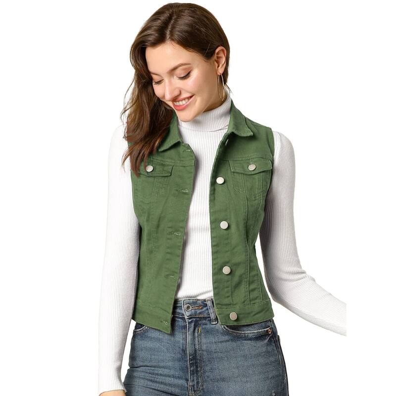 アレグラ ケー レディース アウター 上衣・上衣 限りない ジーンズ ALLEGRA K Women\u0027s Washed Chest Flapocketsingle Breastedenim Vest Jacket Olive Green 緑であること