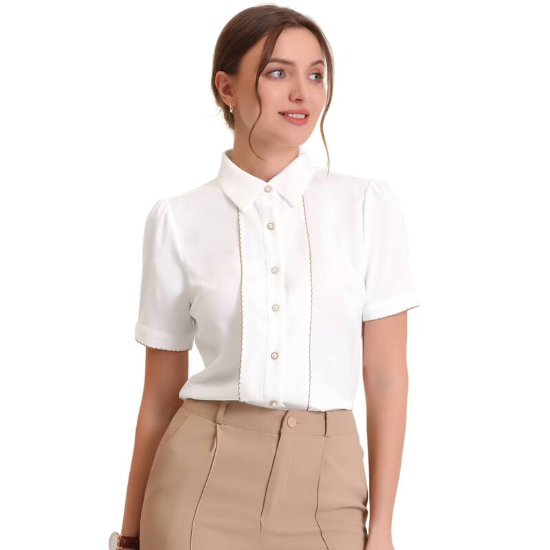 アレグラ ケー レディース トップス シャツ ボタンダウン コントラスト ダウン ブラウス ALLEGRA K Button Down Shirt For Women's Collared Contrastrim Short Sleeve Blouse White ホワイト