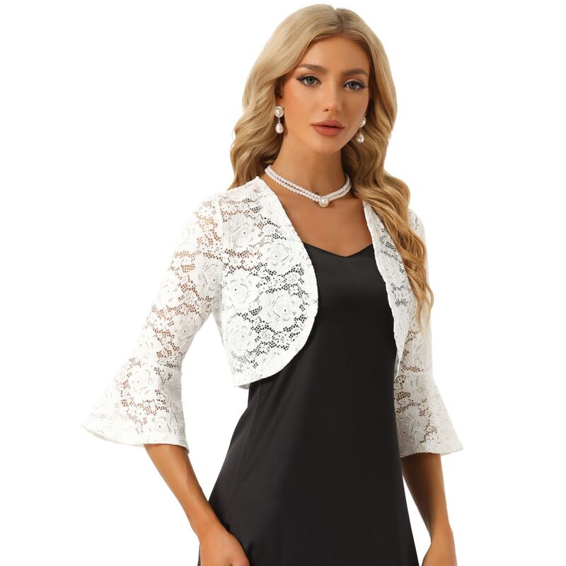 アレグラ ケー レディース アウター ニット・セーター フラワー柄 カーディガン クロップド レース フラワー ALLEGRA K Floralace Cardigan for Women's Bell Sleeves Open Front Elegant Cropped Shrug Tops White ホワイト|ReVida 店