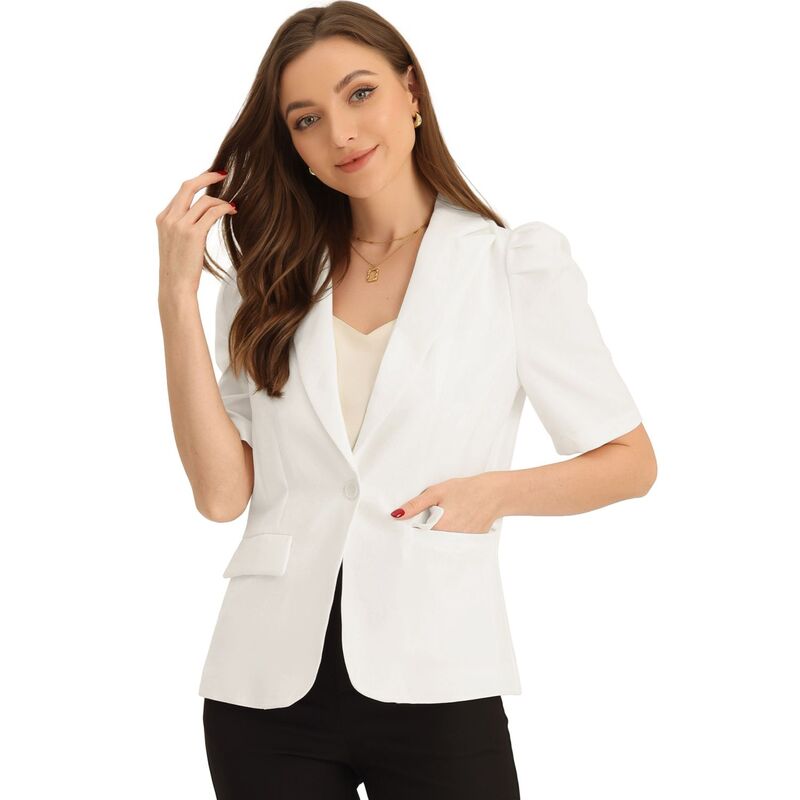アレグラ ケー レディース アウター ジャケット・ブルゾン ブレザー ALLEGRA K Short Sleeve Casual Blazer For Women's Lapel Collar Buttoned Summer Work Office Jacket White ホワイト