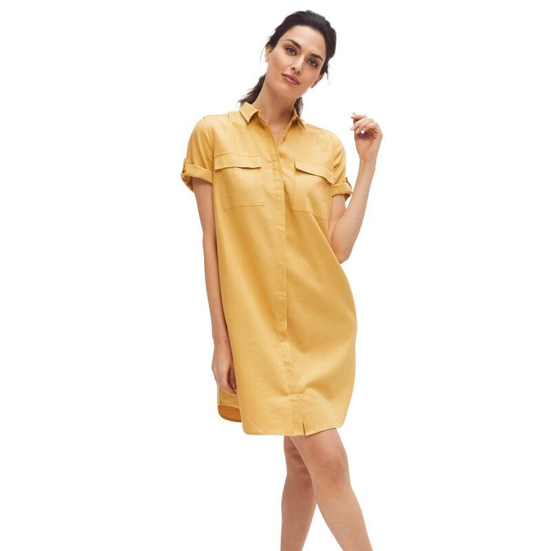 Ellos レディース トップス ワンピース プラスサイズ シャツ リネン ellos Plusize Button Front Linen Shirtdress Honey Spice｜ReVida 店