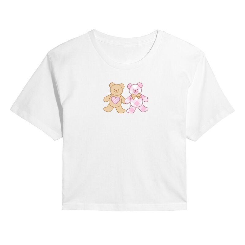アニメキャラクター レディース トップス Tシャツ クロップド Licensed Character Juniors' Teddy Bear Pair Heart Cropped Tee White ホワイト