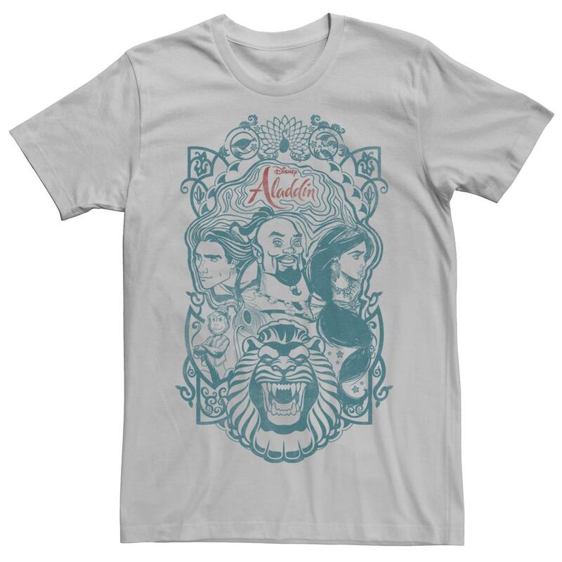 ディズニー メンズ トップス Tシャツ Disney's Aladdin Live Action Men's Group Character Sketch Tee Silver シルバー