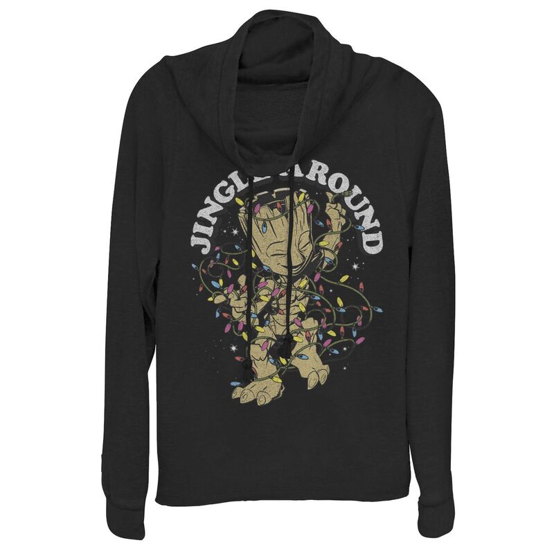 アニメ文字記号 レディース トップス プルオーバー グラフィック Licensed Character Juniors\u0027 Marvel Christmas Groot Jingle Around Portrait Cowlneck Graphic Lightweight Long Sleeve Black 黒いこと