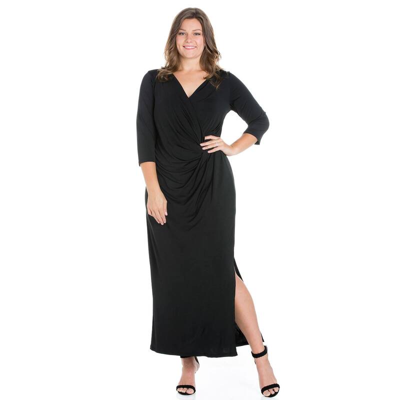 24 セブンコンフォート レディース トップス ワンピース サイドスリット Vネック プラスサイズ マキシ Plusize 24seven Comfort Apparel Fitted V-Neck Side Slit Maxi Dress Black ブラック