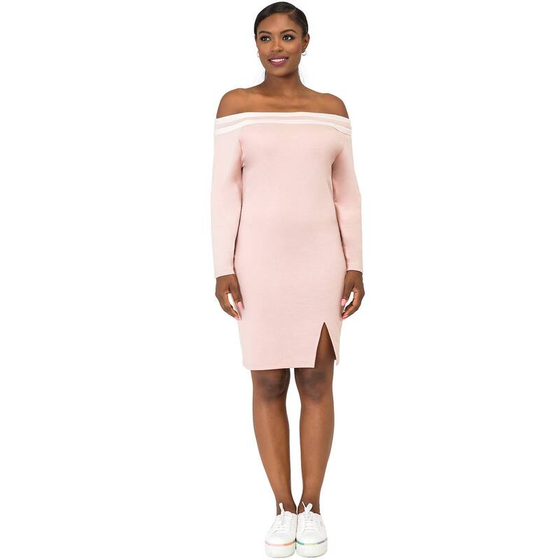 ポエティック 公明正大さ レディース トップス 衣装 Poetic Justice Curvy Women\u0027s Atheletic Stripe Off-The-Shoulder Knee-Length Dress Mauve 縞模様