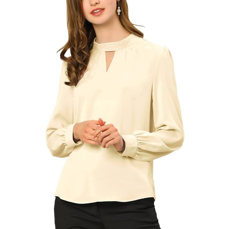 アレグラ ケー レディース トップス シャツ プリーツ ブラウス ALLEGRA K Women Keyhole Stand Collar Pleated Back Button Blouse Tops Beige ベージュ