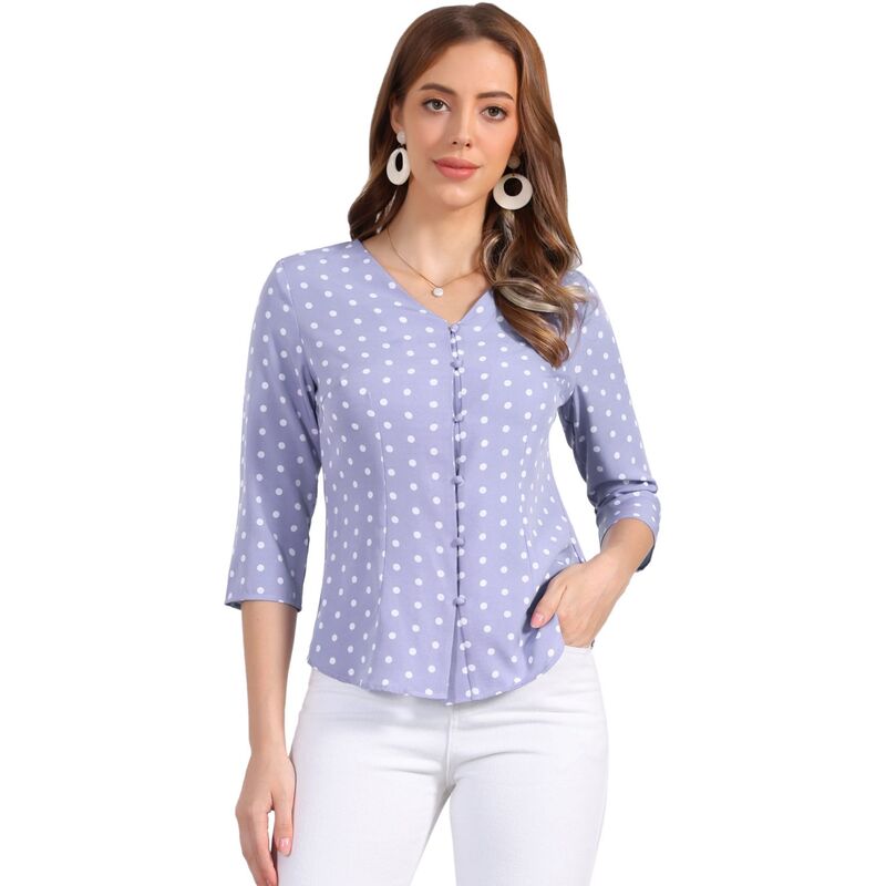 アレグラ ケー レディース トップス シャツ ドット ブラウス ALLEGRA K Women's Polka Dots 3/4 Sleeve Casual Button Front Blouse Top Dusty Purple パープル