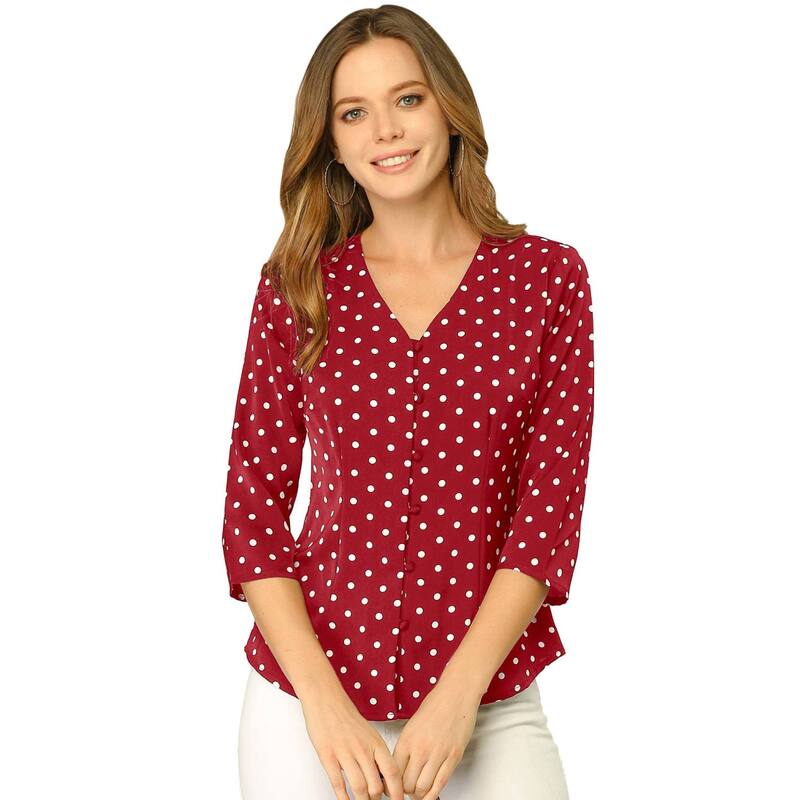 アレグラ ケー レディース トップス シャツ ドット ブラウス ALLEGRA K Women's Polka Dots 3/4 Sleeve Casual Button Front Blouse Top Red レッド