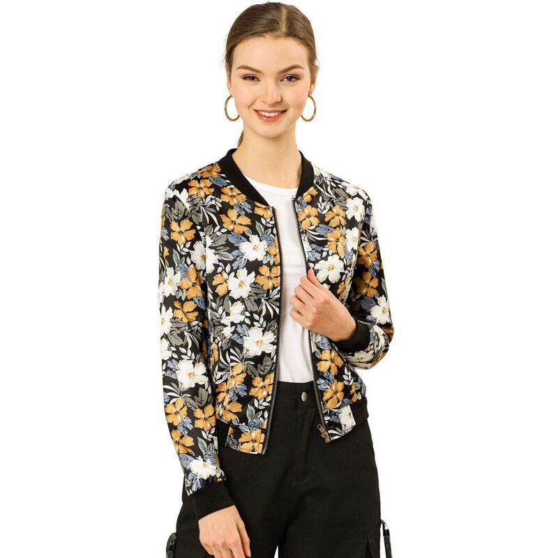 アレグラ ケー レディース アウター ジャケット・ブルゾン フラワー柄 プリント フラワー ALLEGRA K Womentand Collar Zip up Floral Prints Crop Length Bomber Jacket Black ブラック