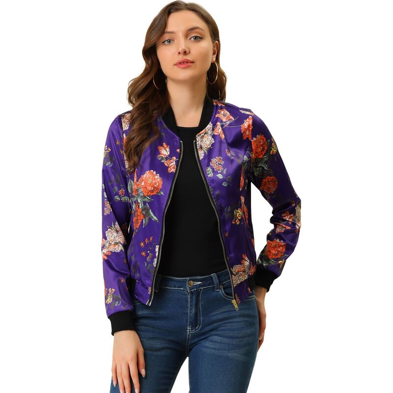 アレグラ ケー レディース アウター ジャケット・ブルゾン フラワー柄 プリント フラワー ALLEGRA K Women'stand Collar Zip up Floral Prints Crop Length Bomber Jacket Deepurple パープル|ReVida 店