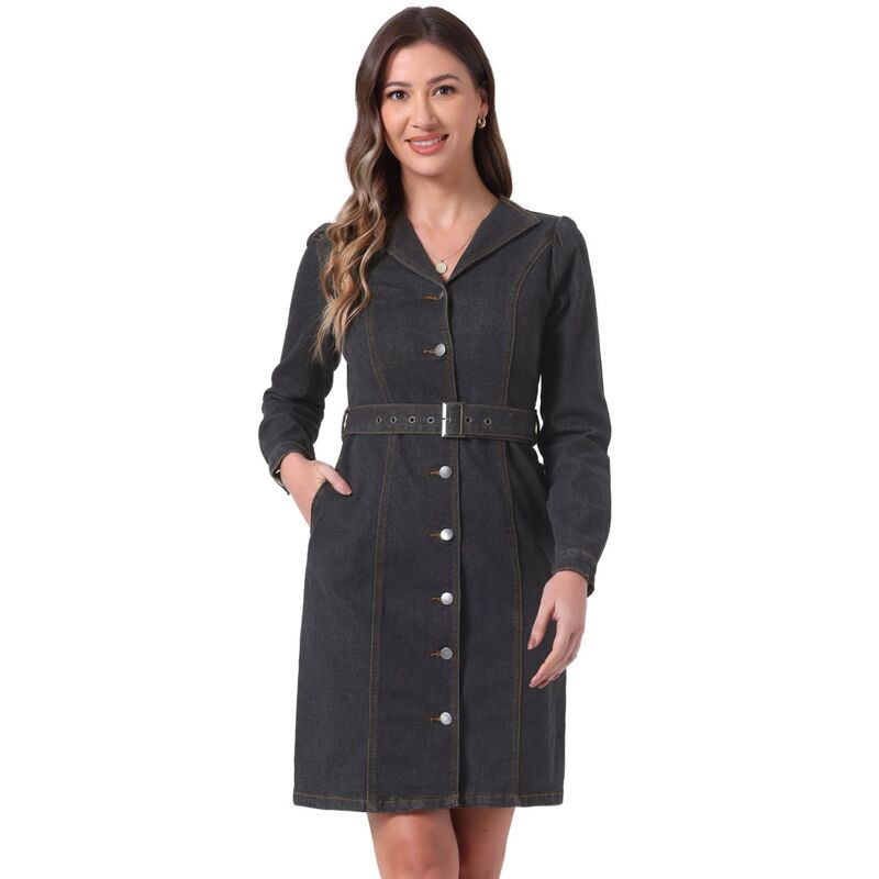 アレグラ ケー レディース トップス ワンピース ボタンダウン シャツ ダウン デニム ALLEGRA K Women's Denim Shirt Dress Button Down Lapel Collared Jean Dresses With Belt Pockets Black ブラック