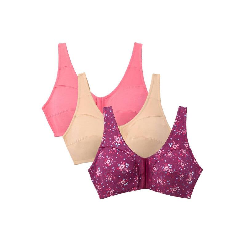 コンフォート チョイス レディース アンダーウェア ブラジャー プラスサイズ コットン Comfort Choice Women's Plusize 3-Pack Front-Close Cotton Wireless Bra Deep Claret Asst